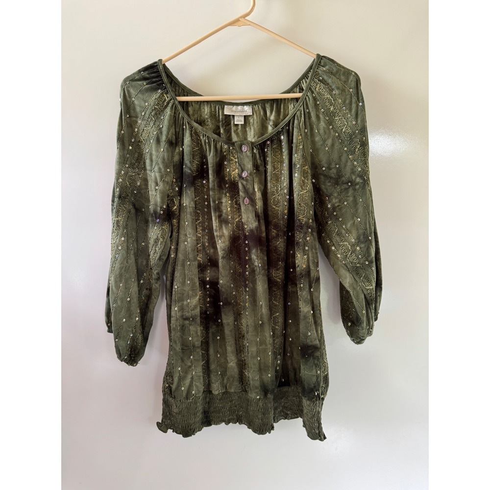 Dressbarn Women Olive Green Tie Dye Sequin Smocked Hem Blouse Large Bohemian